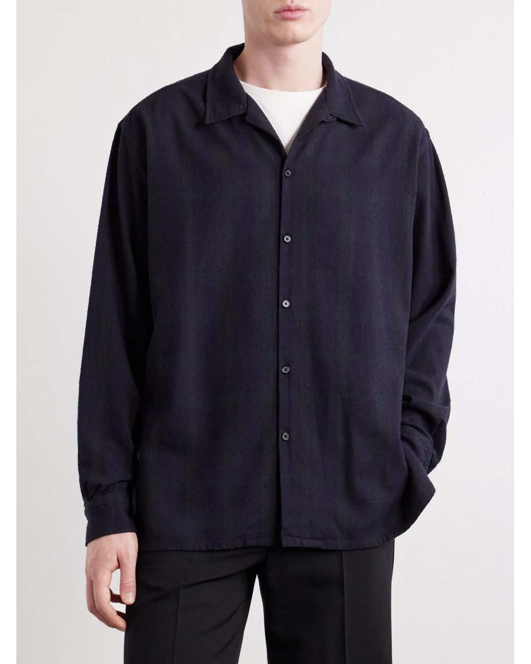 A.PRESSE Blue Camp-Collar Checked Silk Shirt for men
