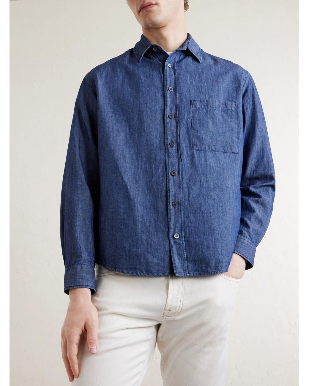 Canali Blue Button-Down Collar Cotton And Linen-Blend Shirt for men