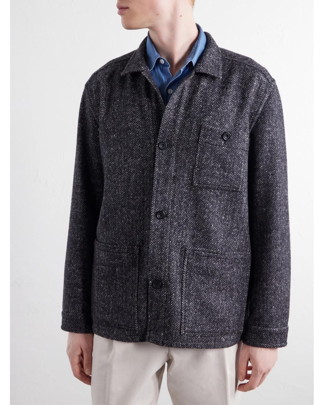 Anderson & Sheppard Gray Herringbone Wool Overshirt for men