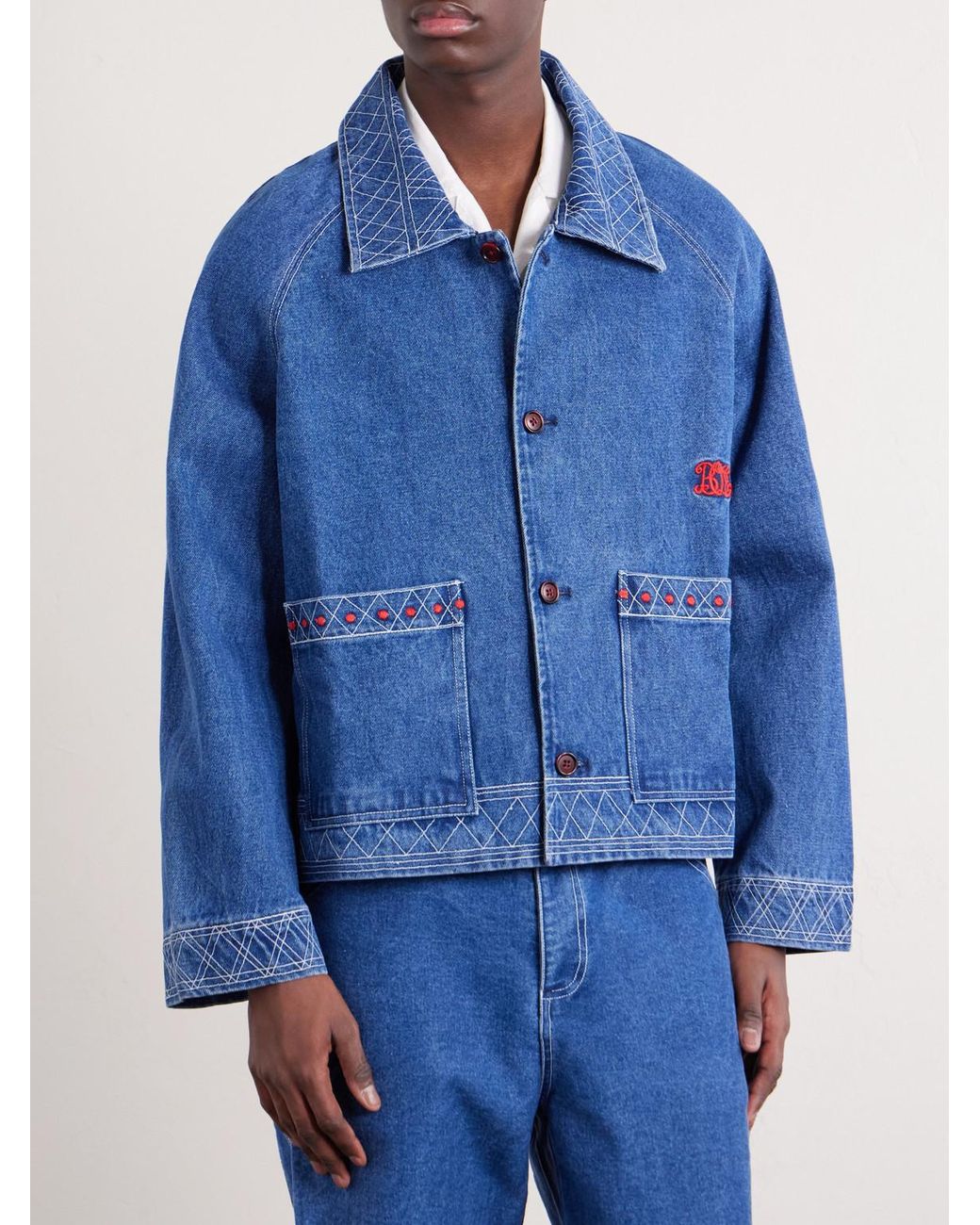 Embroidered Merino Wool-Blend Denim Jacket di Bode in Blue da Uomo