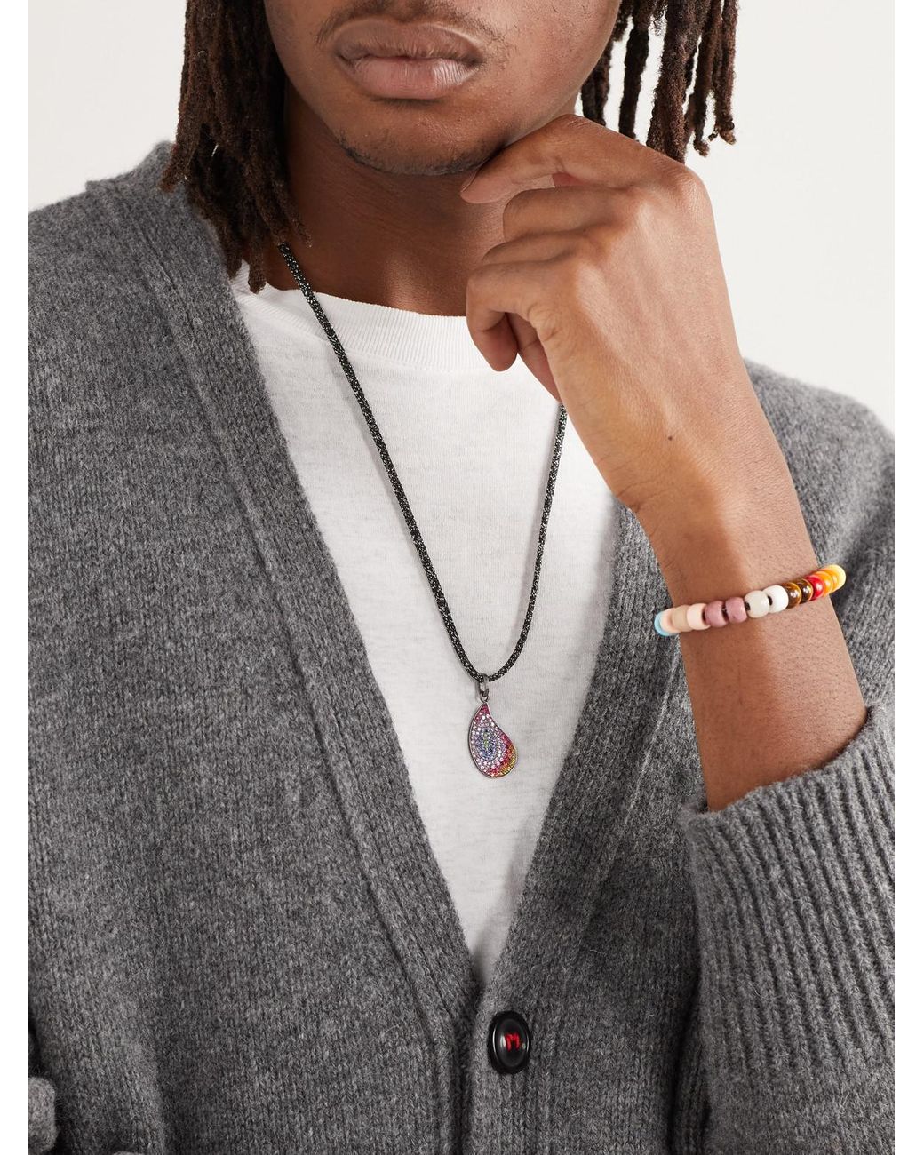 Carolina Bucci Superstellar Blackened Gold, Multi-stone And Lurex Pendant Necklace for men