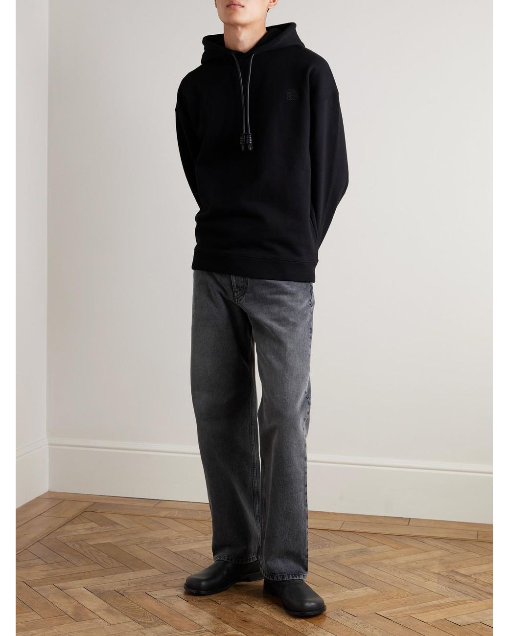 Loewe Black Logo-Embroidered Leather-Trimmed Cotton-Jersey Hoodie for men