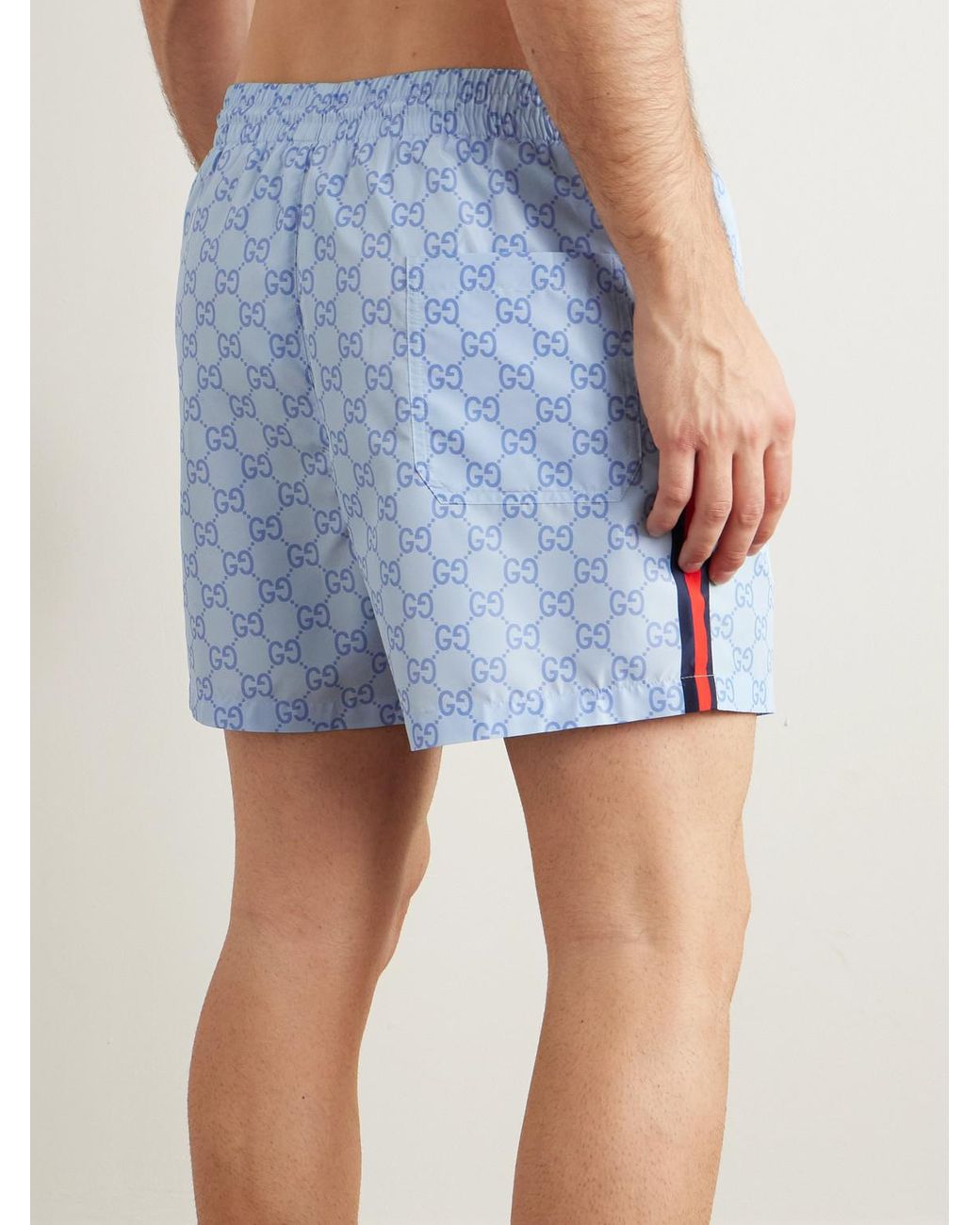 Gucci Blue Slim-Fit Mid-Length Logo-Print Striped Swim Shorts for men