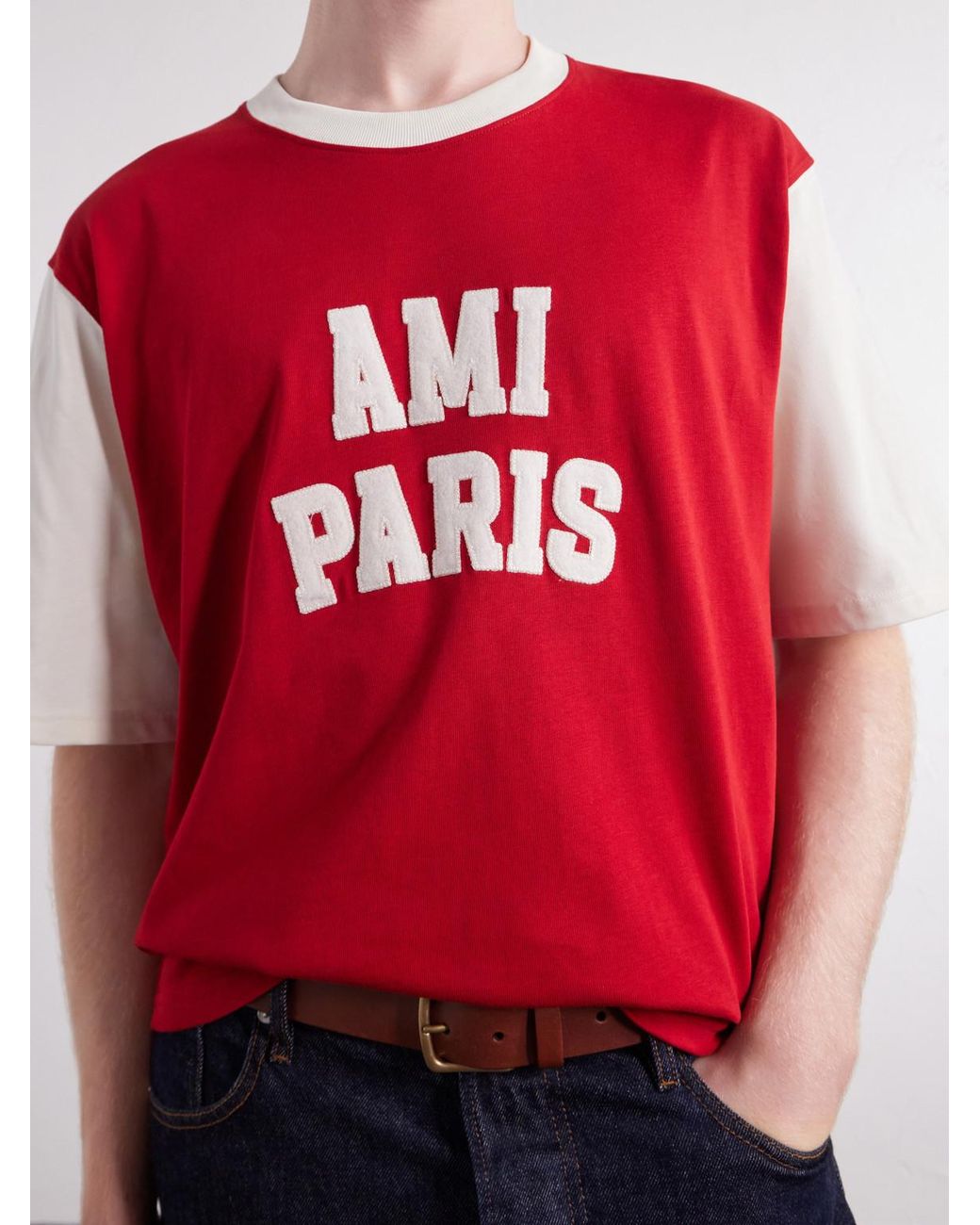 AMI Red Logo-Appliquéd Cotton-Jersey T-Shirt for men