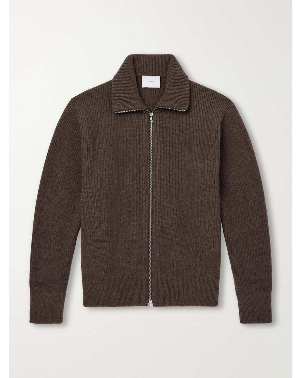 Ssstein Brown Ribbed Wool Zip-Up Cardigan for men