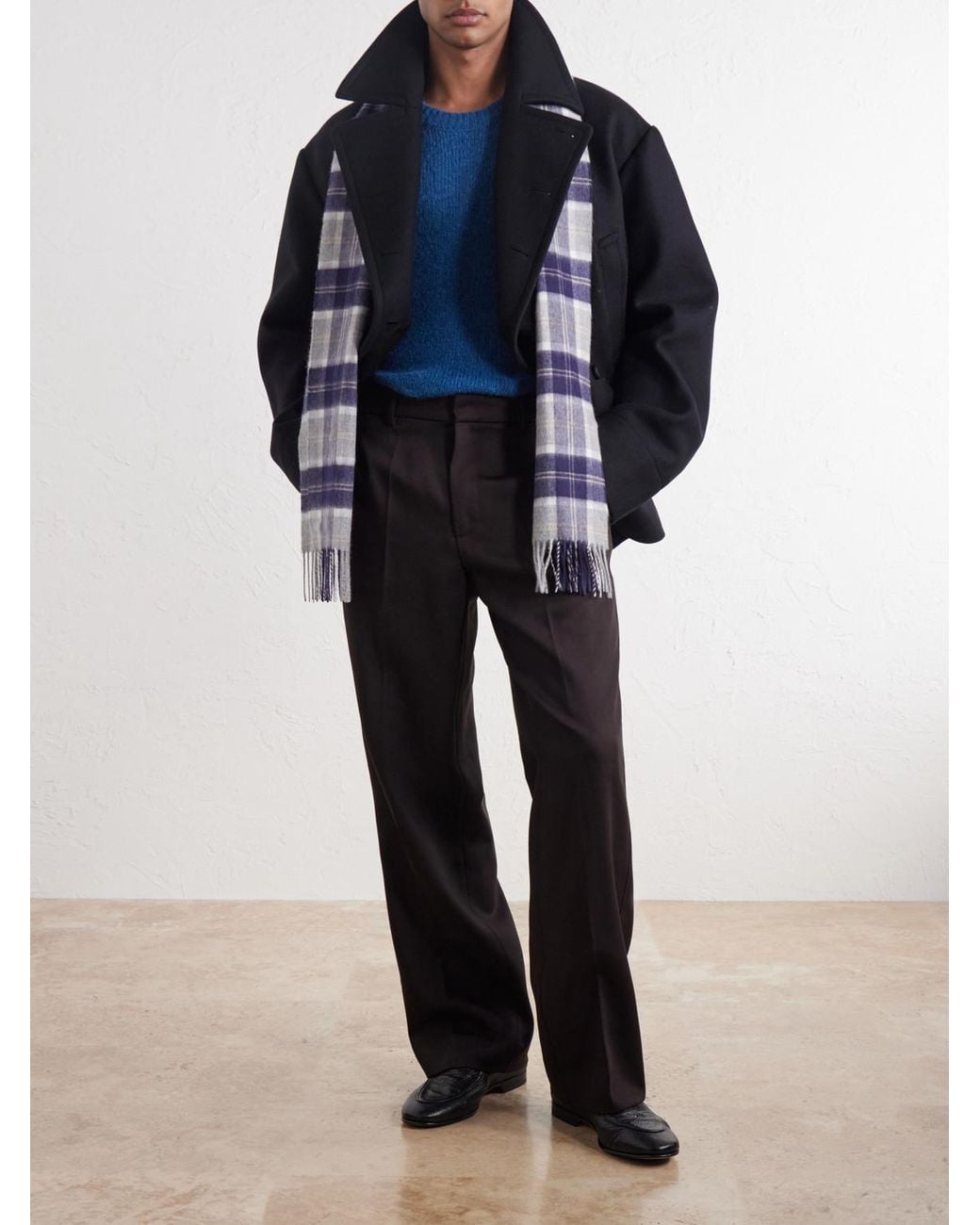 Johnstons Blue Fringed Checked Cashmere Scarf for men