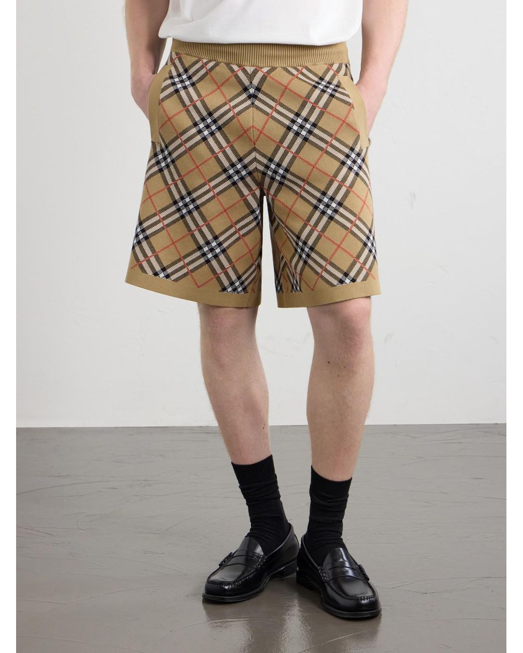 Burberry Metallic Straight-Leg Knitted Checked Cotton-Blend Shorts for men