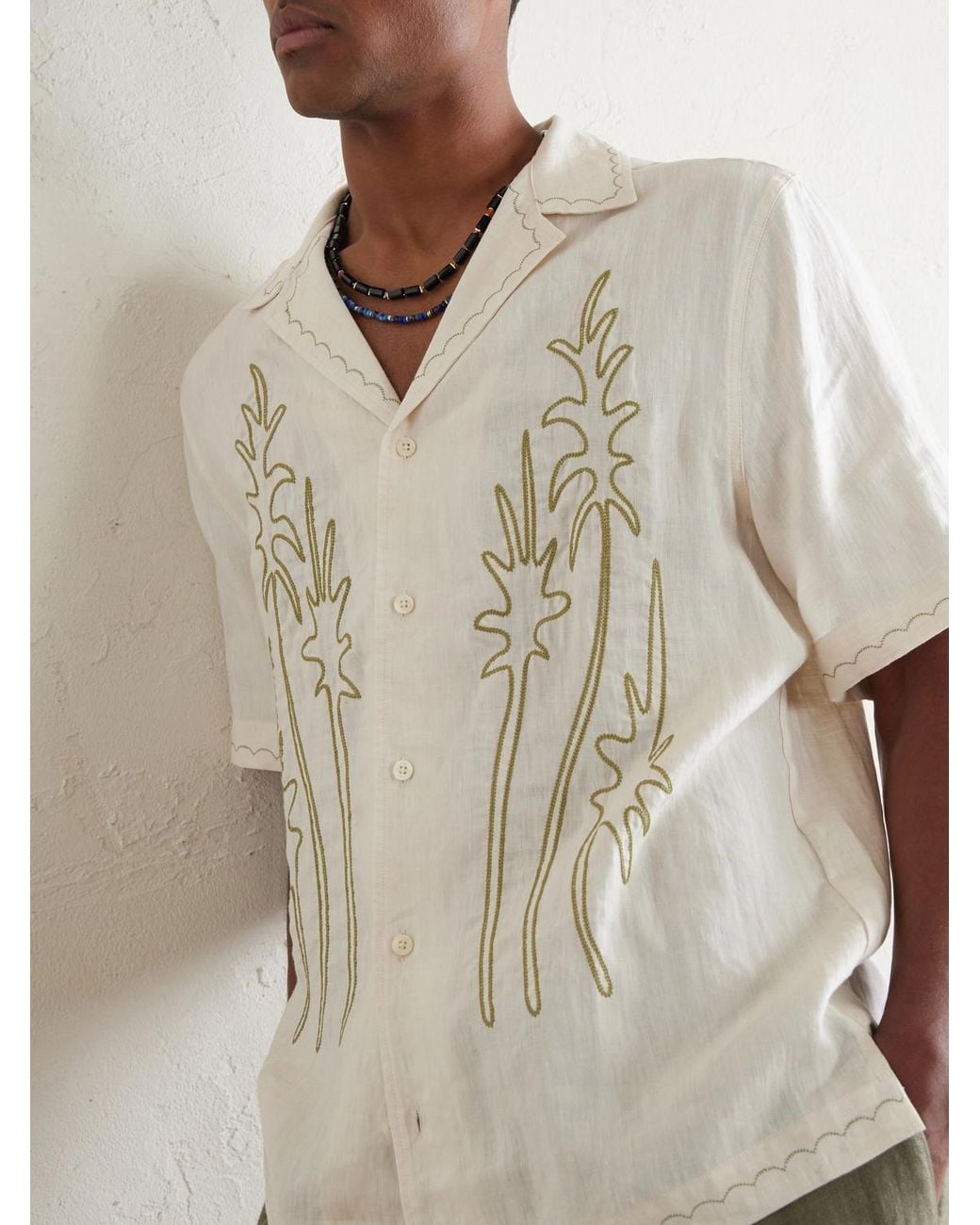 Frescobol Carioca White Alves Embroidered Linen Shirt for men