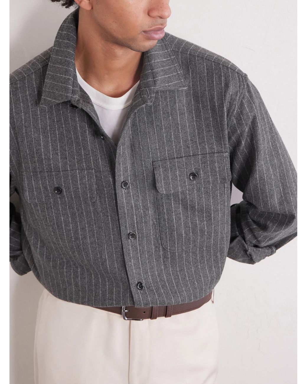 Ralph Lauren Gray Pinstriped Super 150S Wool-Flannel Shirt for men