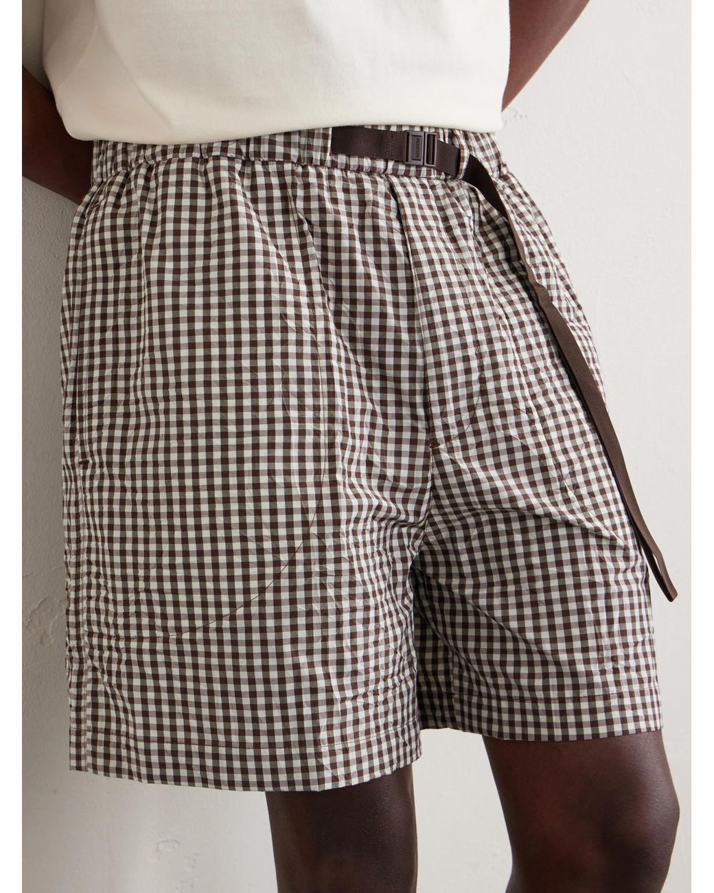 Moncler Brown Straight-Leg Belted Checked Cotton-Blend Shorts for men