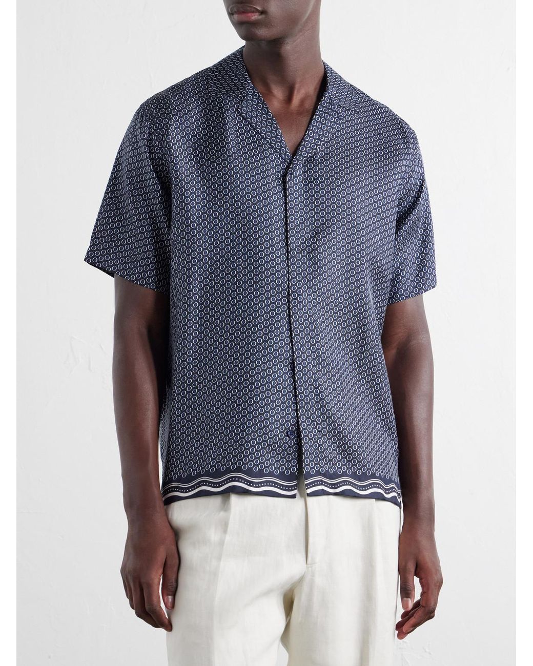 Orlebar Brown Blue Maitan Camp-Collar Printed Silk-Satin Shirt for men