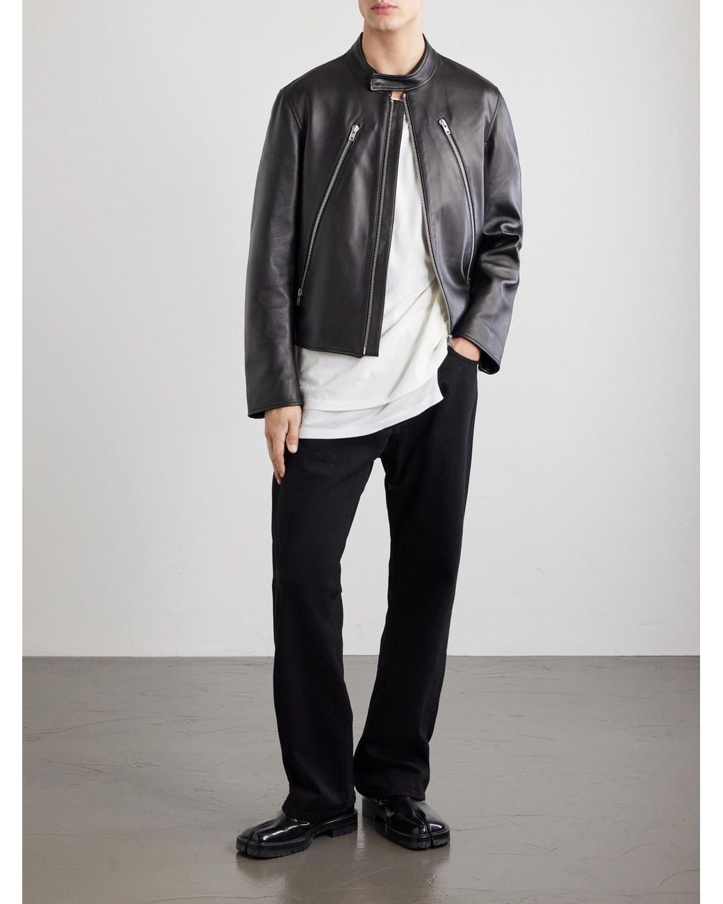 Maison Margiela Black Zip-Detailed Leather Biker Jacket for men