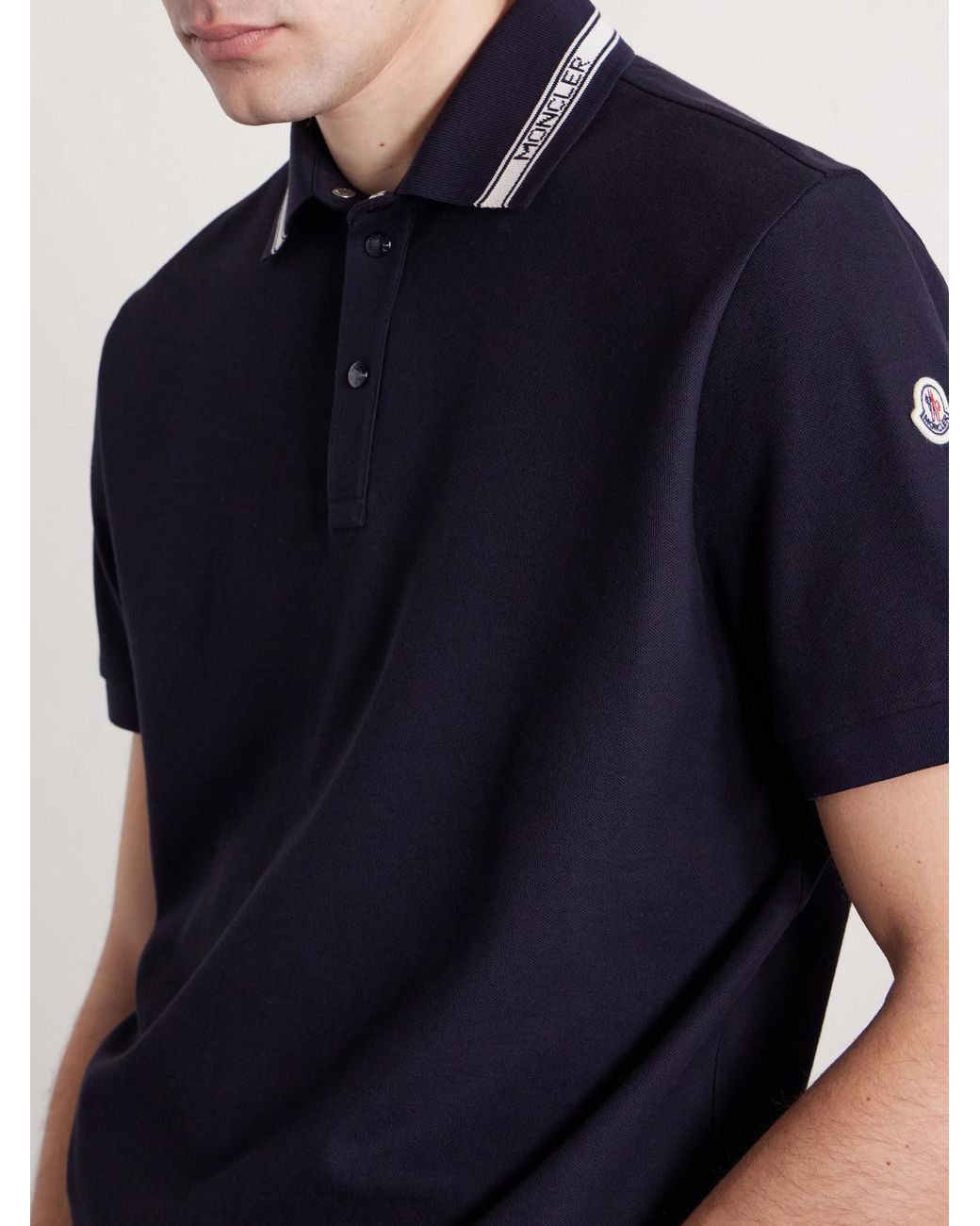 Moncler Blue Logo-Appliquéd Honeycomb-Knit Cotton Polo Shirt for men