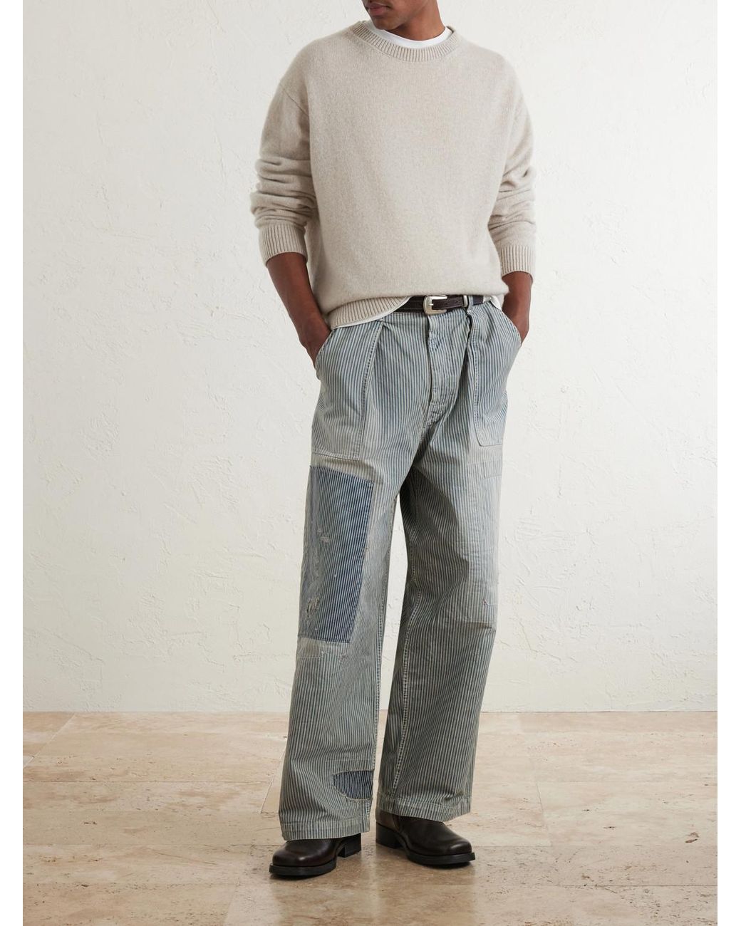 Kapital Blue Liberty Hicoree Fatigue Wide-Leg Striped Distressed Patchwork Cotton-Twill Trousers for men