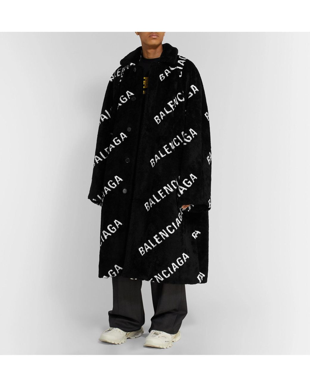 Balenciaga Oversized Logo-print Faux-fur Coat in Black for Men