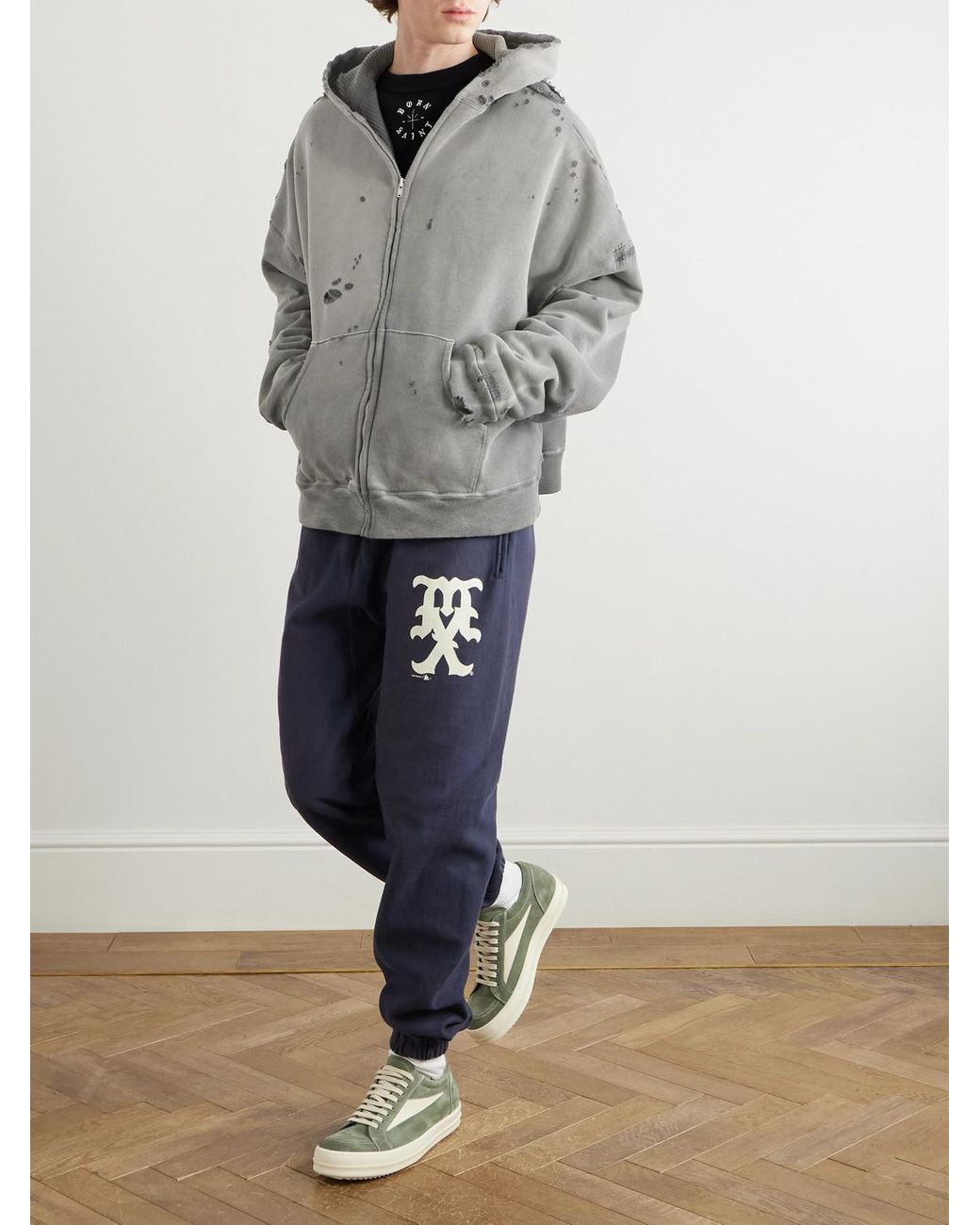 SAINT Mxxxxxx Distressed Cotton-Jersey Zip-Up Hoodie in Grey for