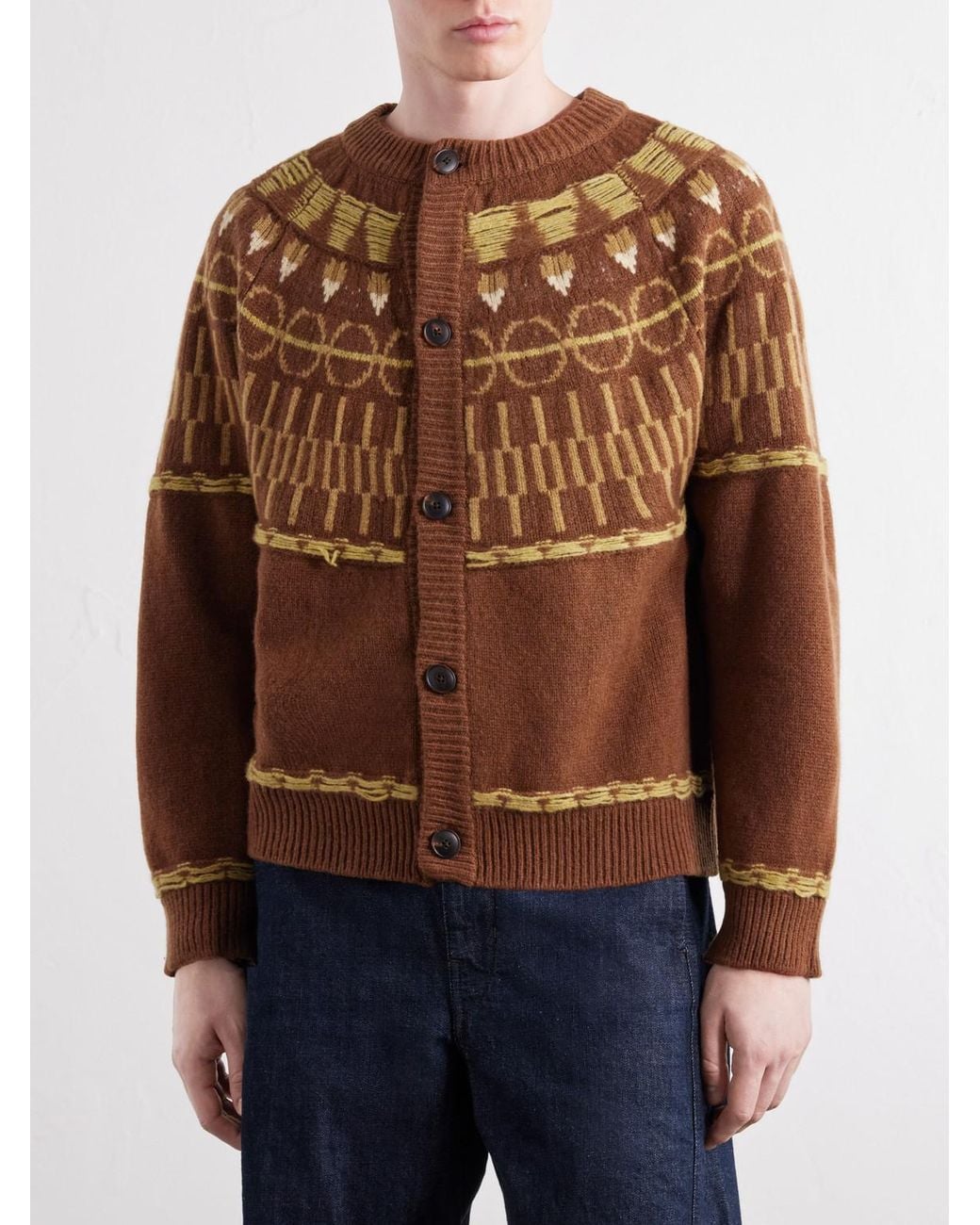 A Kind Of Guise Brown Zatoya Intarsia-Knit Virgin Wool Cardigan for men