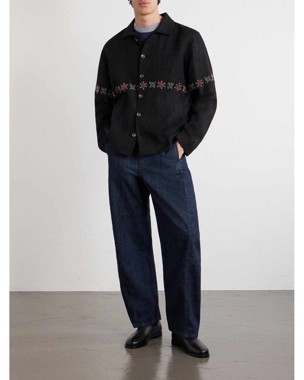 Kartik Research Blue Embroidered Linen Shirt for men