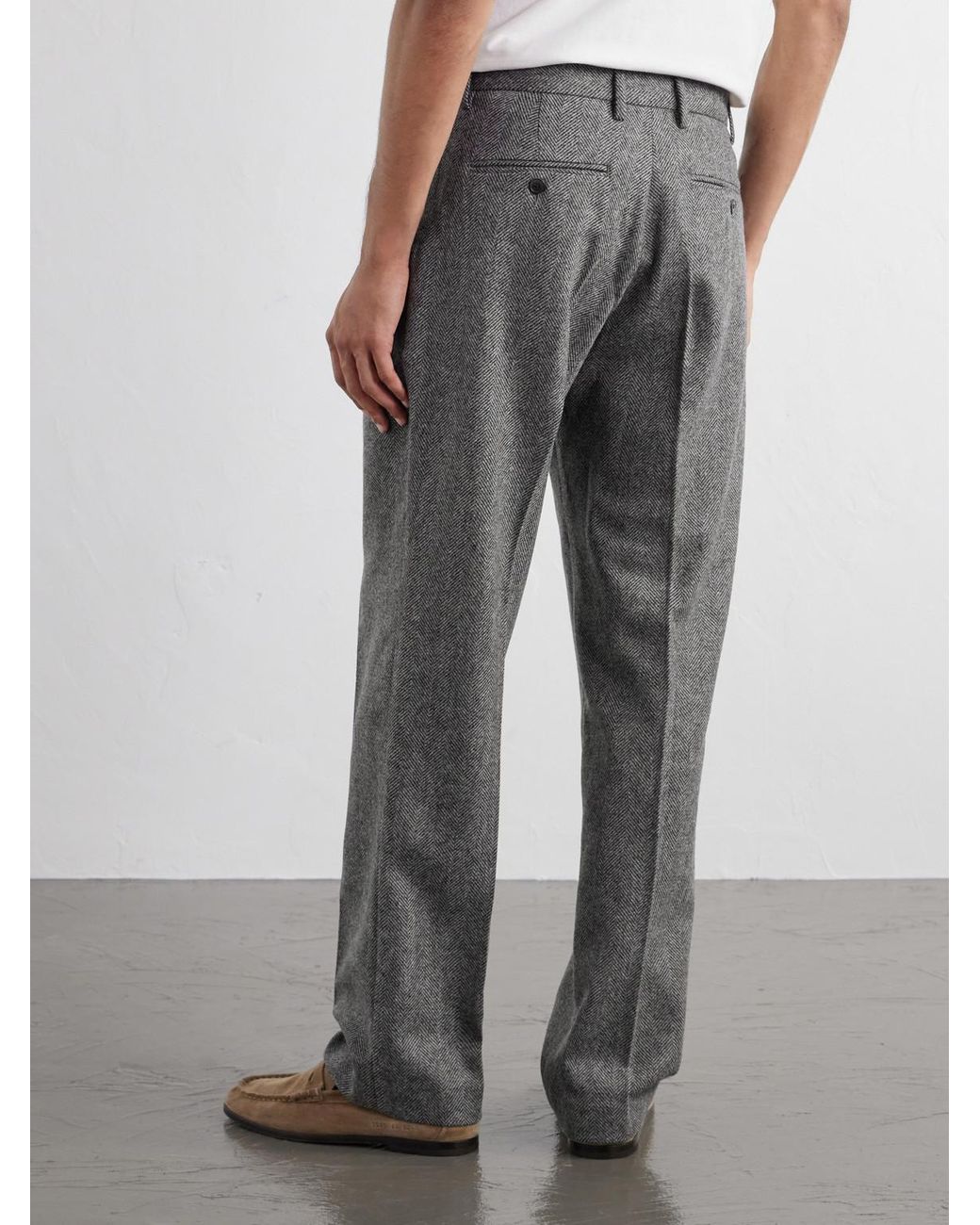 Portuguese Flannel Gray Straight-Leg Pleated Wool Herringbone Trousers for men