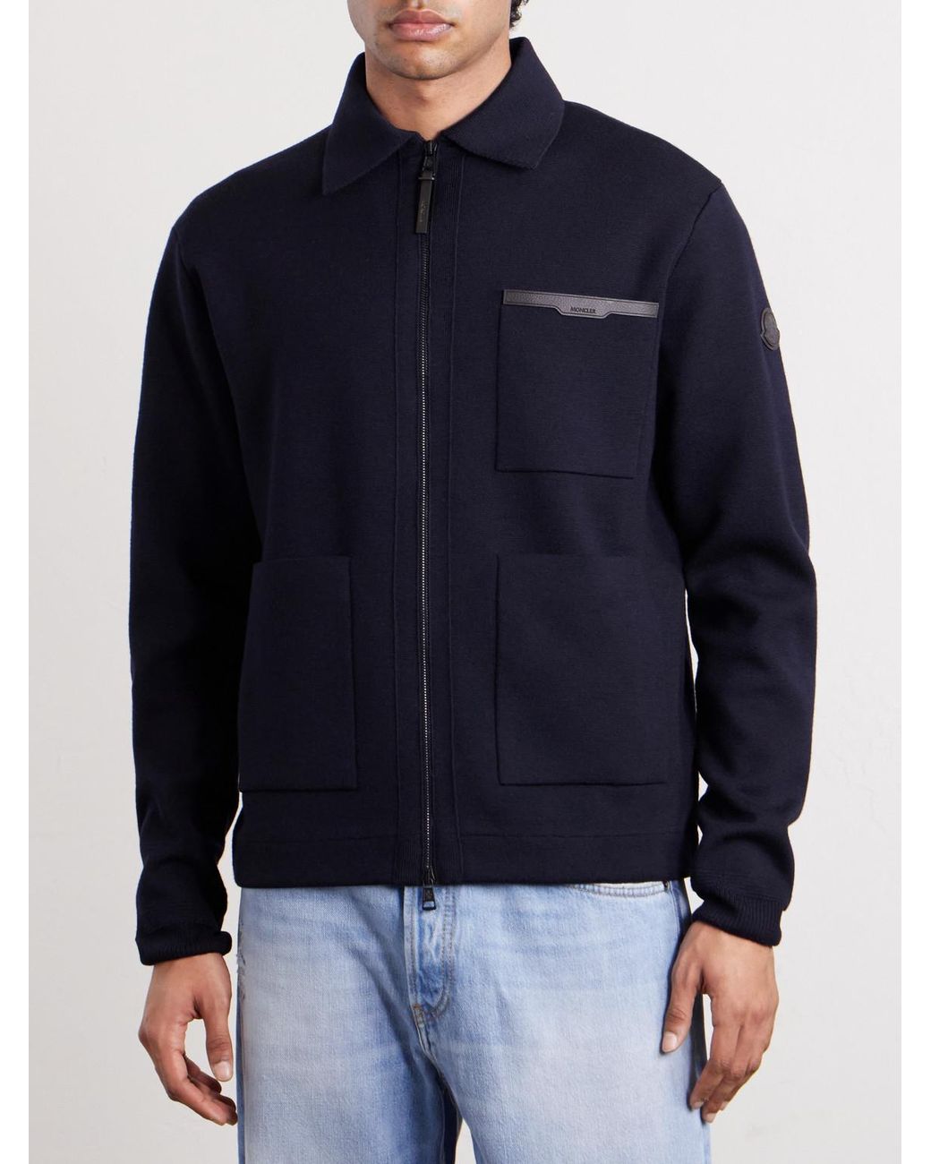 Moncler Blue Leather-Trimmed Virgin Wool Zip-Up Cardigan for men