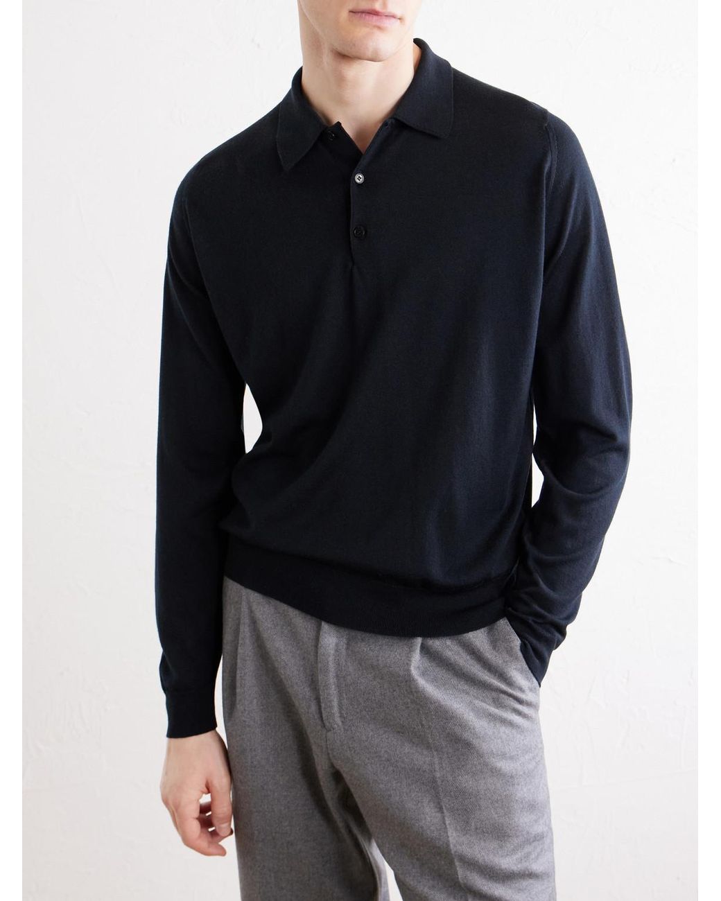 John Smedley Blue Caverhill Knitted Merino Wool Polo Shirt for men