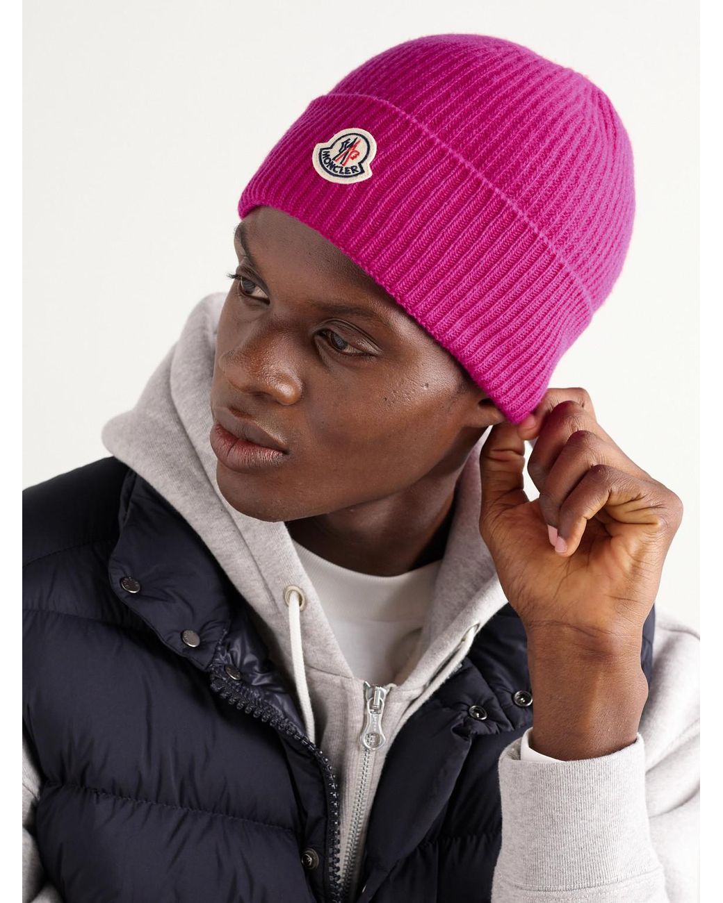 Moncler Pink Appliquéd Ribbed Virgin Wool And Cashmere-Blend Beanie for men