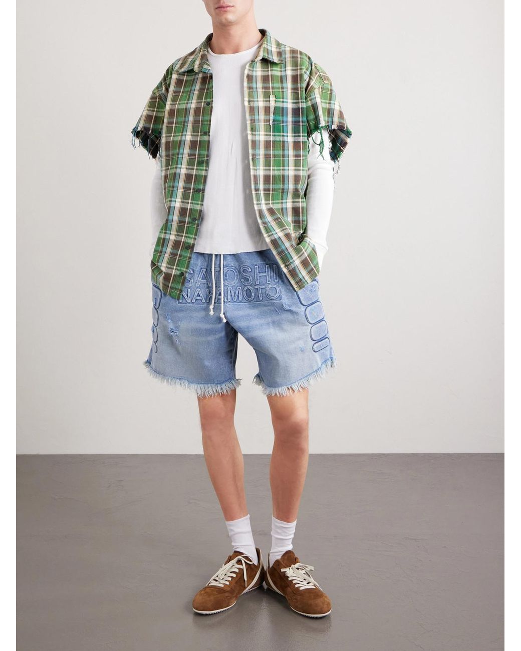 Satoshi Nakamoto Green Layered Frayed Checked Cotton-flannel And Waffle-knit Shirt for men