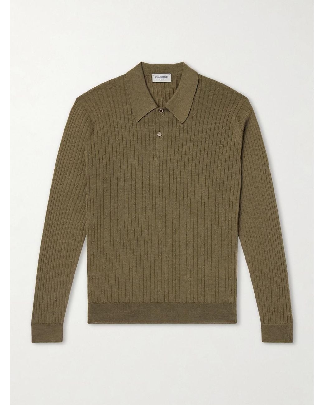 John Smedley Green Hodson Ribbed Merino Wool Polo Shirt for men