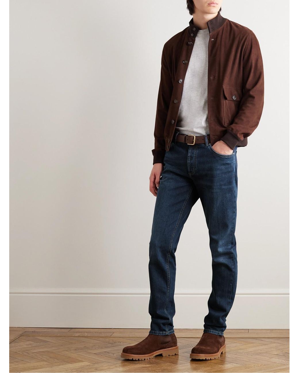 Brunello Cucinelli Blue Slim-Fit Straight-Leg Logo-Embroidered Jeans for men