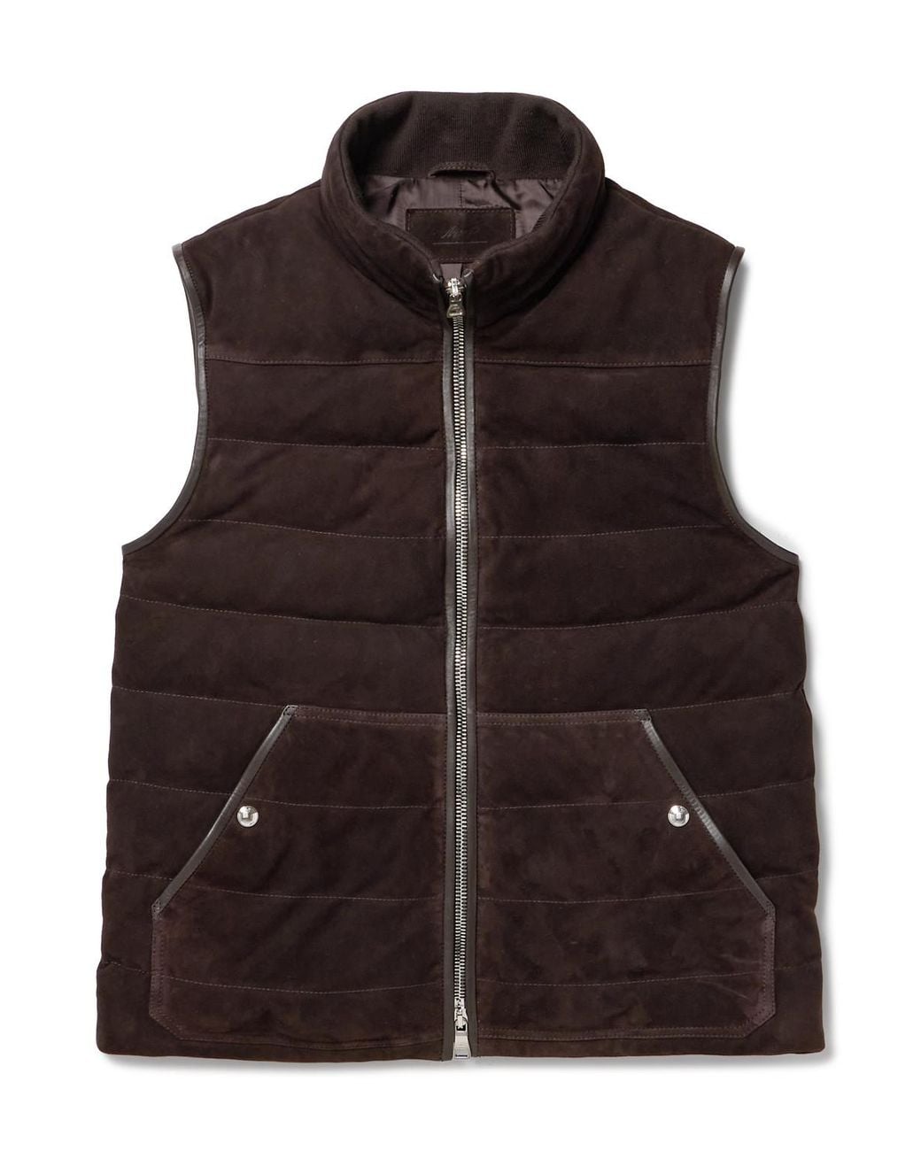 Mr P. Brown Leather-Trimmed Padded Quilted Suede Gilet for men