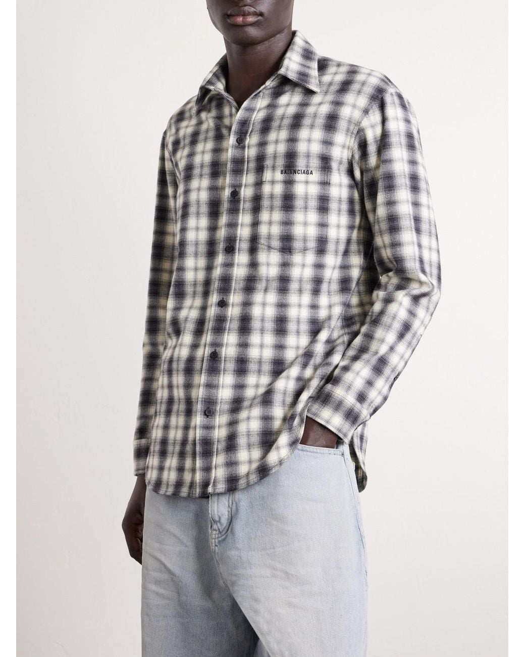 Balenciaga White Regular Fit Checked Cotton Shirt for men
