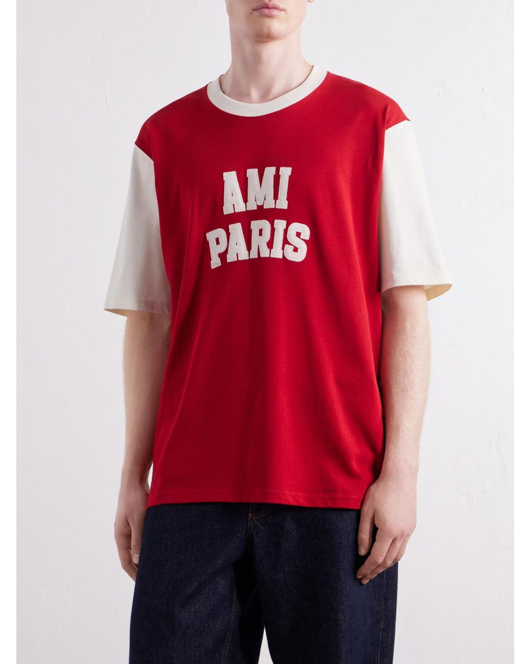 AMI Red Logo-Appliquéd Cotton-Jersey T-Shirt for men