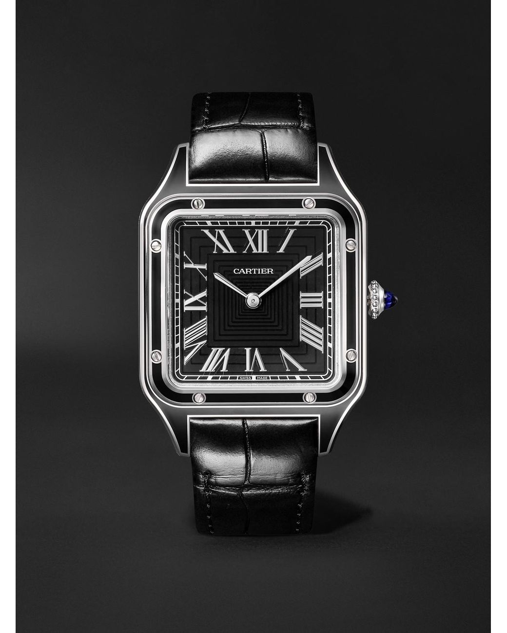 Cartier Black Santos-dumont Hand-wound 43.5mm Stainless Steel And Alligator Watch for men