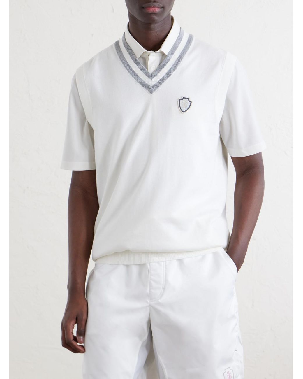 Brunello Cucinelli White Logo-Embroidered Cotton Golf Sweater Vest for men