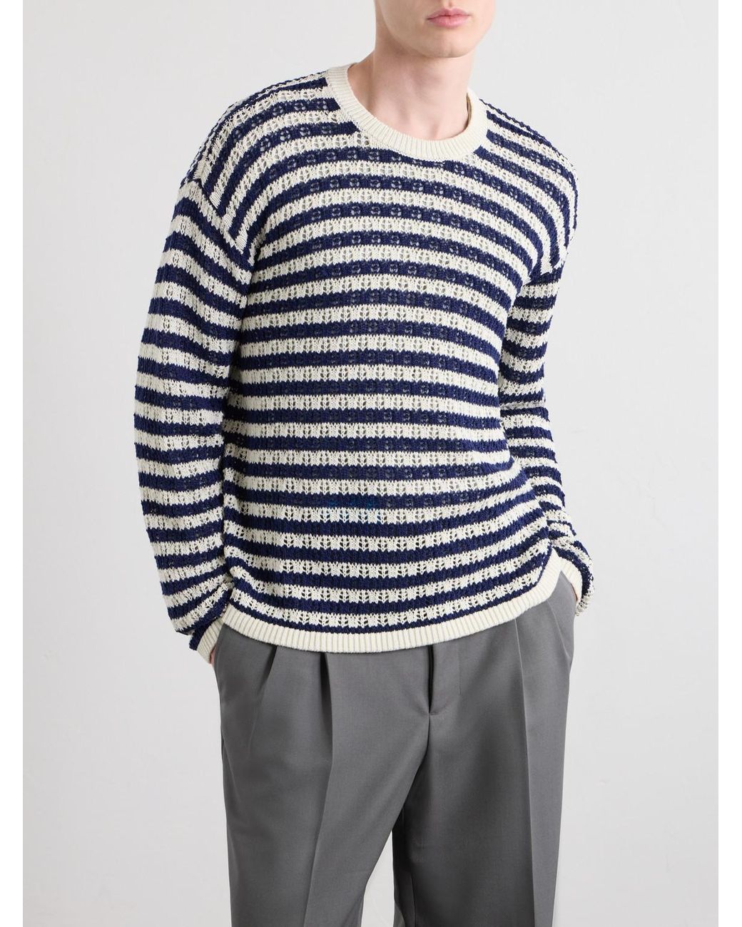 Aimé Leon Dore Blue Eyelet Striped Open-Knit Cotton Sweater for men