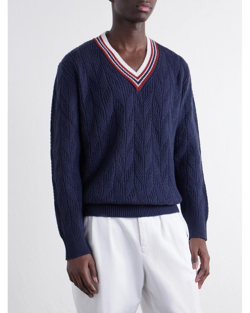 Canali Blue Herringbone Wool And Cashmere-Blend Sweater for men