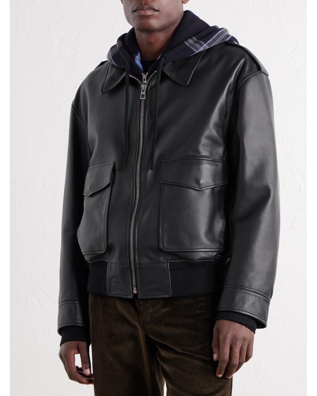 Loewe Black Hooded Checked Knit-Trimmed Leather Jacket for men