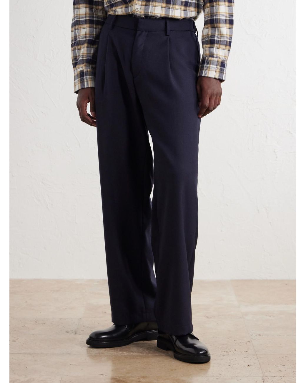 Mr P. Blue Wide-Leg Pleated Wool-Fresco Trousers for men