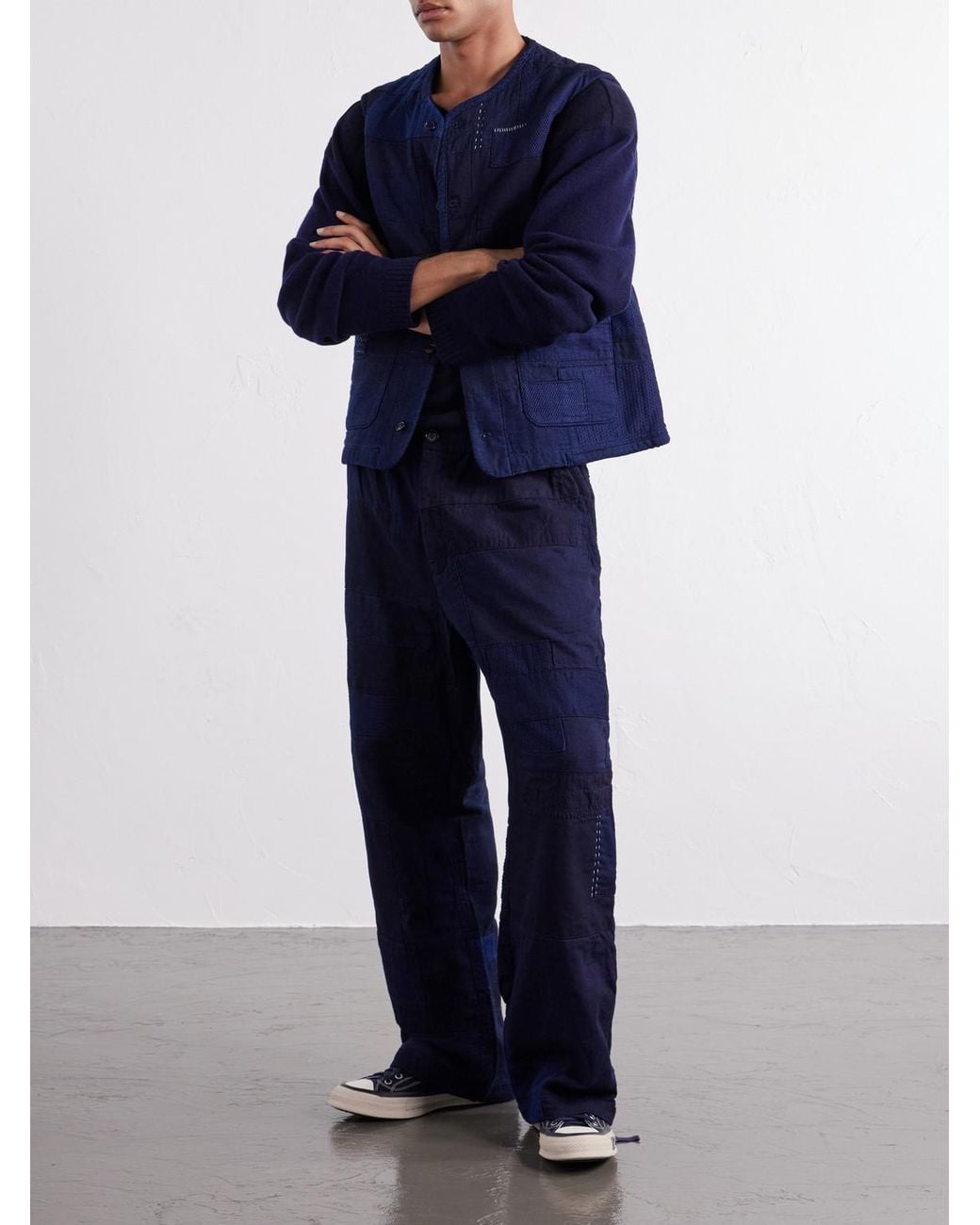 Blue Blue Japan Blue Nenrin Wide-Leg Drawstring Patchwork Cotton-Sashiko Trousers for men
