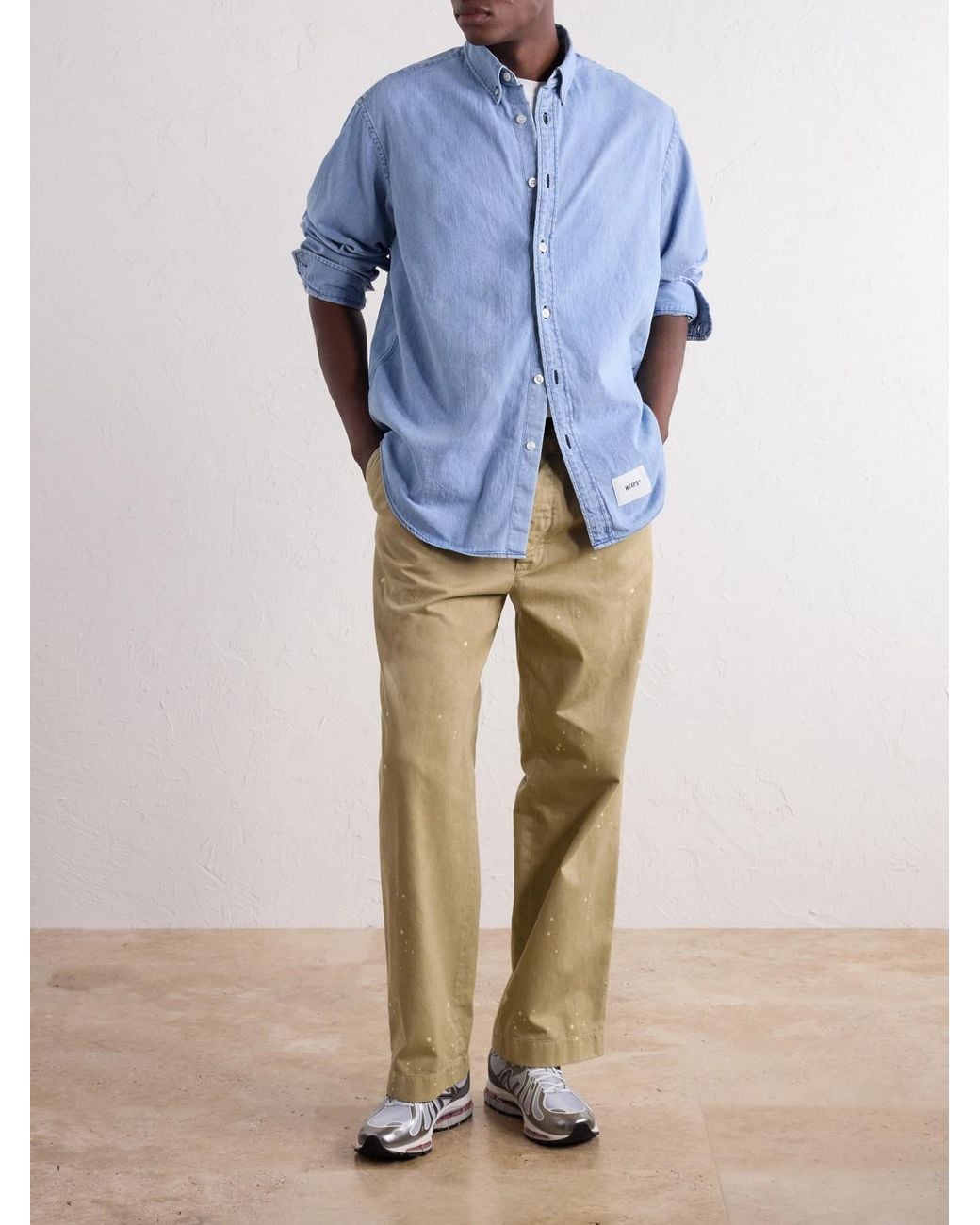 (w)taps Blue Bd 01 Logo-Appliquéd Stone-Bleach Denim Shirt for men
