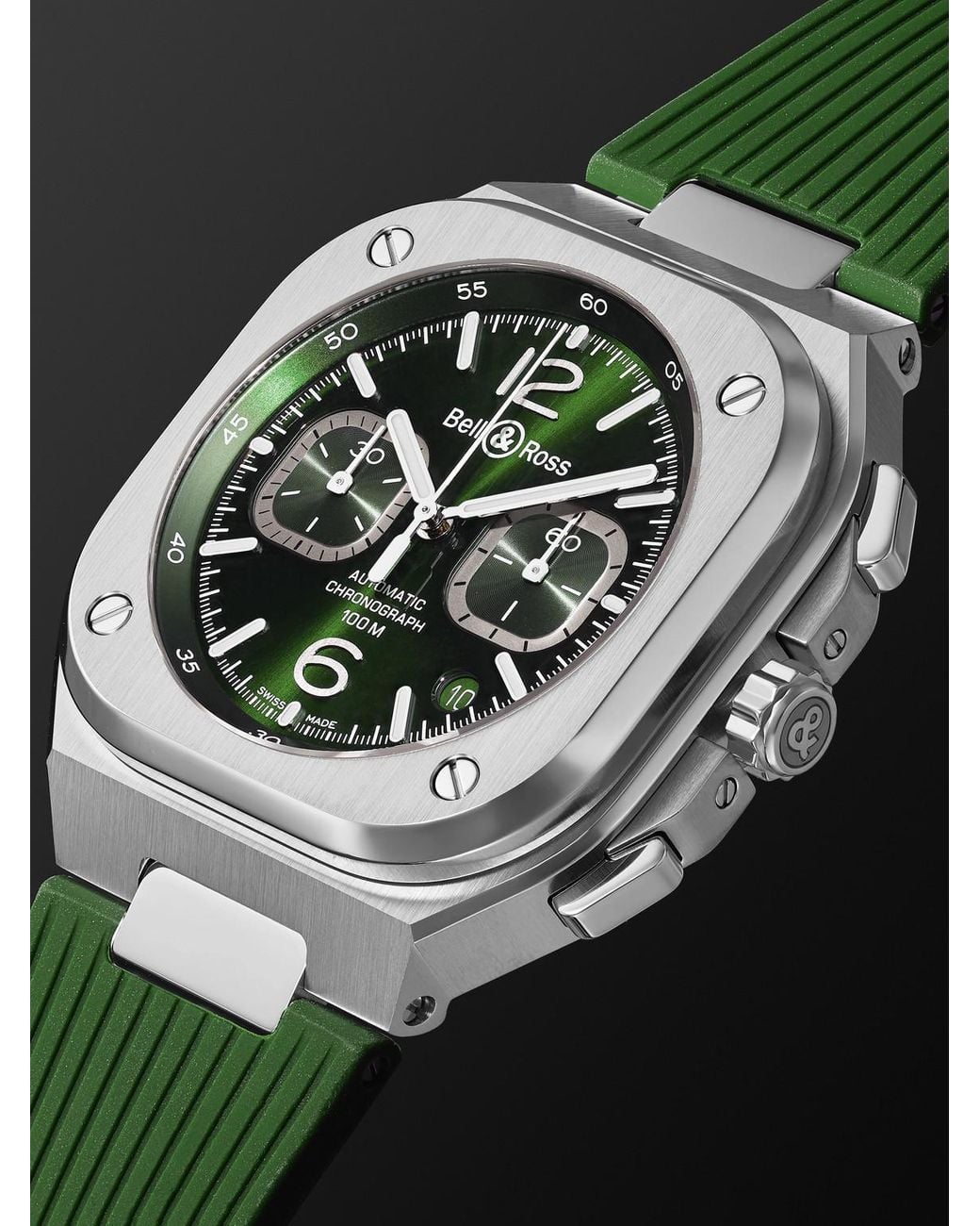 Bell & Ross Black Br 05 Automatic Chronograph 42Mm Stainless Steel And Rubber Watch, Ref. No. Br05C-Gn-St/Srb for men