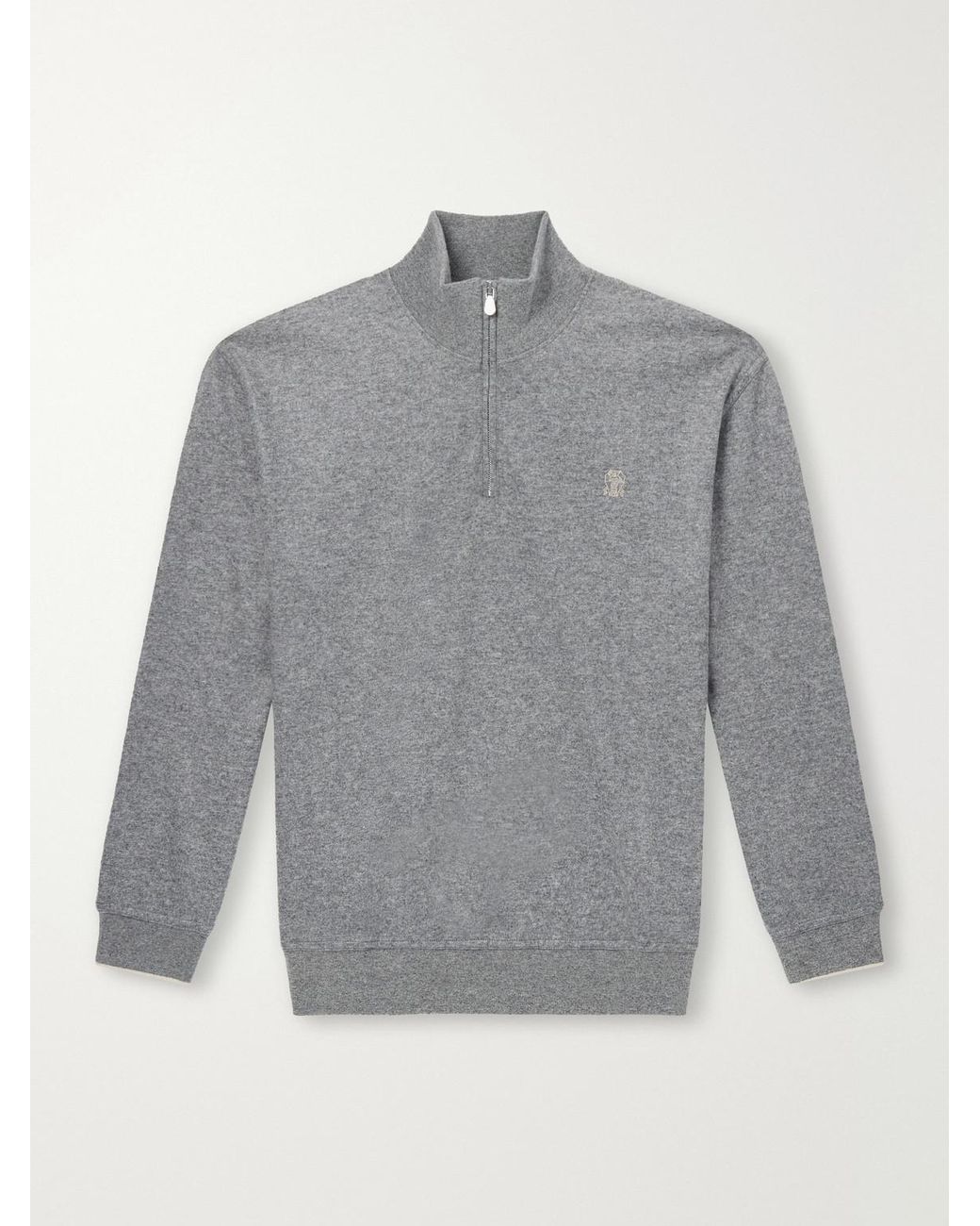 Brunello Cucinelli Gray Logo-Embroidered Cashmere Half-Zip Sweater for men