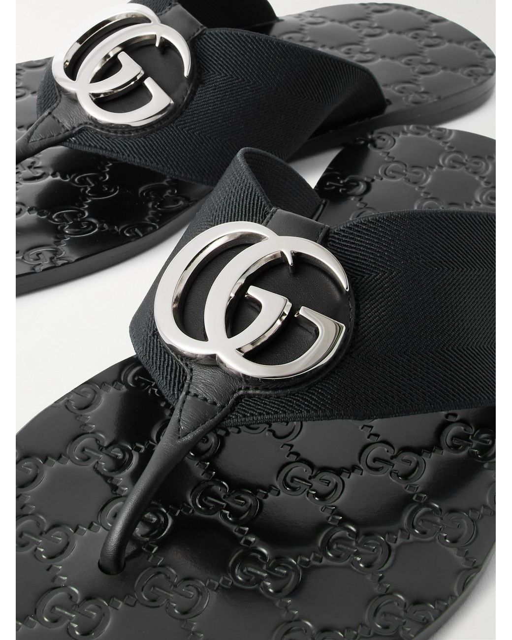 Gucci Black Riviera Logo-Embellished Leather And Elastic Flip Flops for men