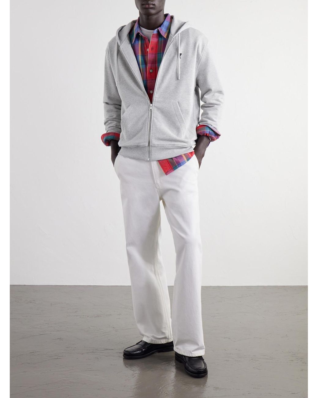 AMI Gray Logo-Embroidered Cotton-Jersey Zip-Up Hoodie for men