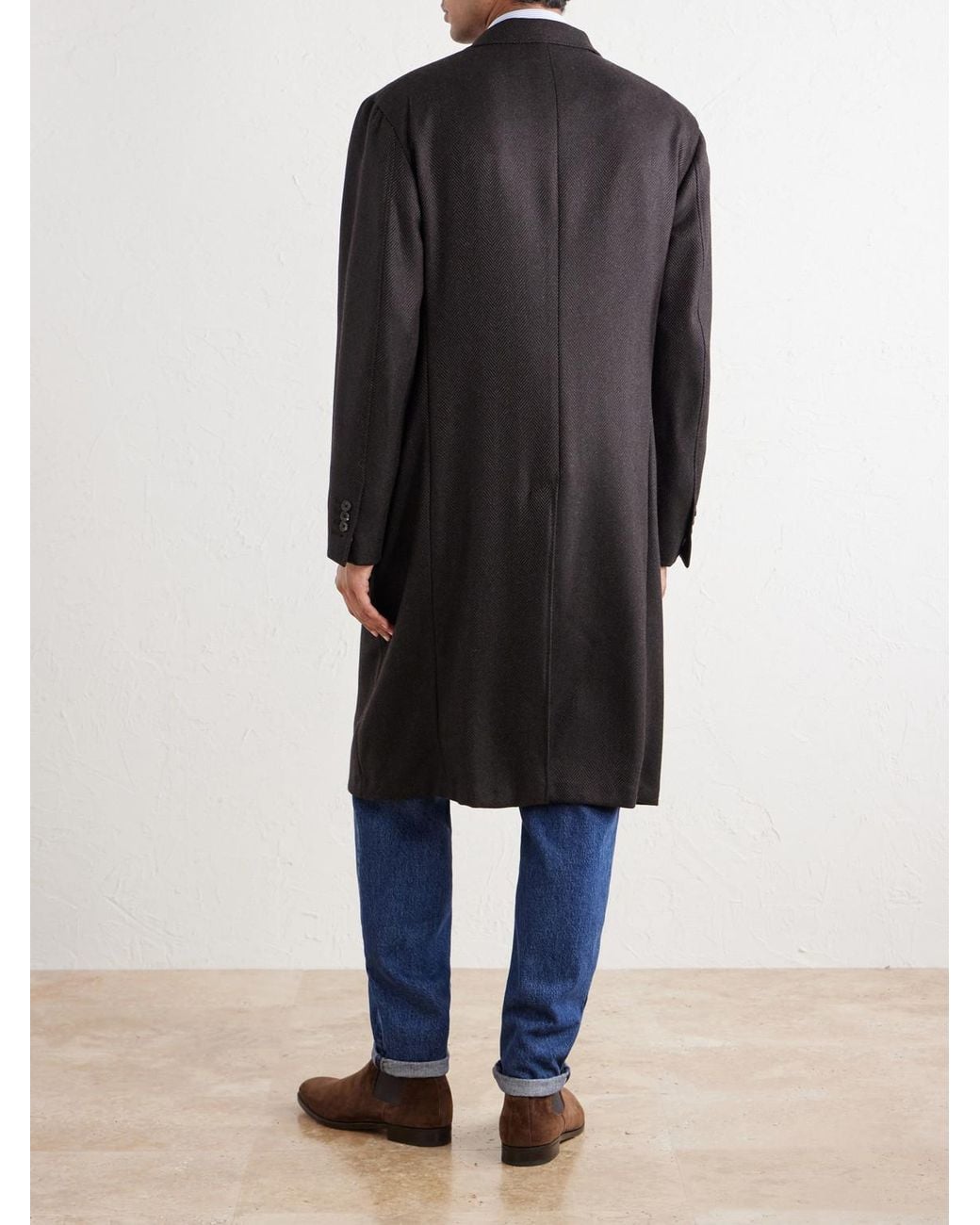 Thom Sweeney Black Herringbone Wool Coat for men