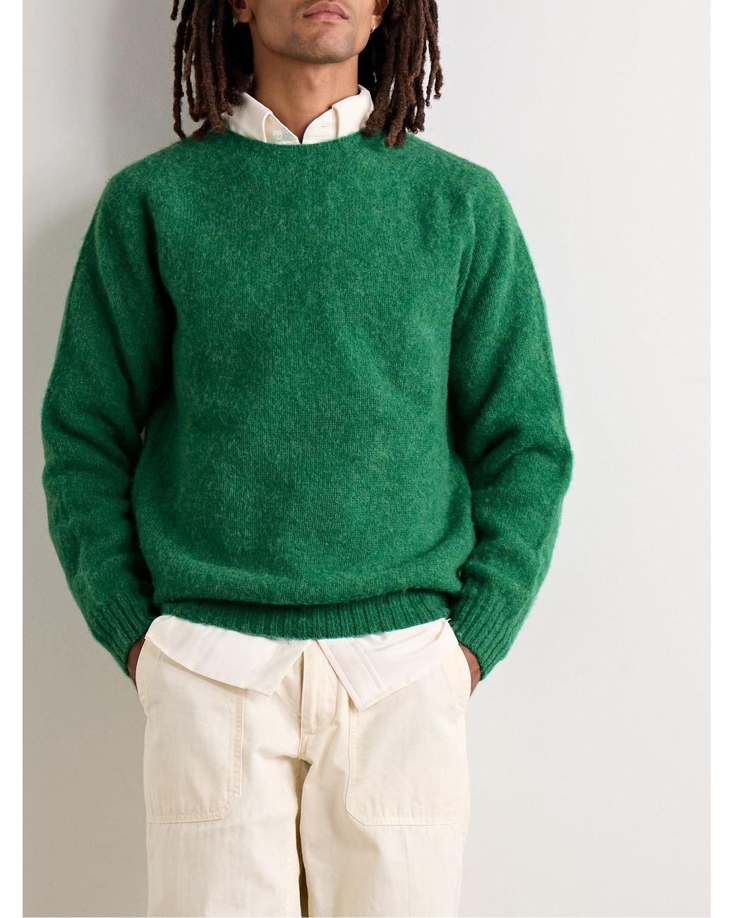 Drake's Green Brushed Shetland Wool Sweater for men
