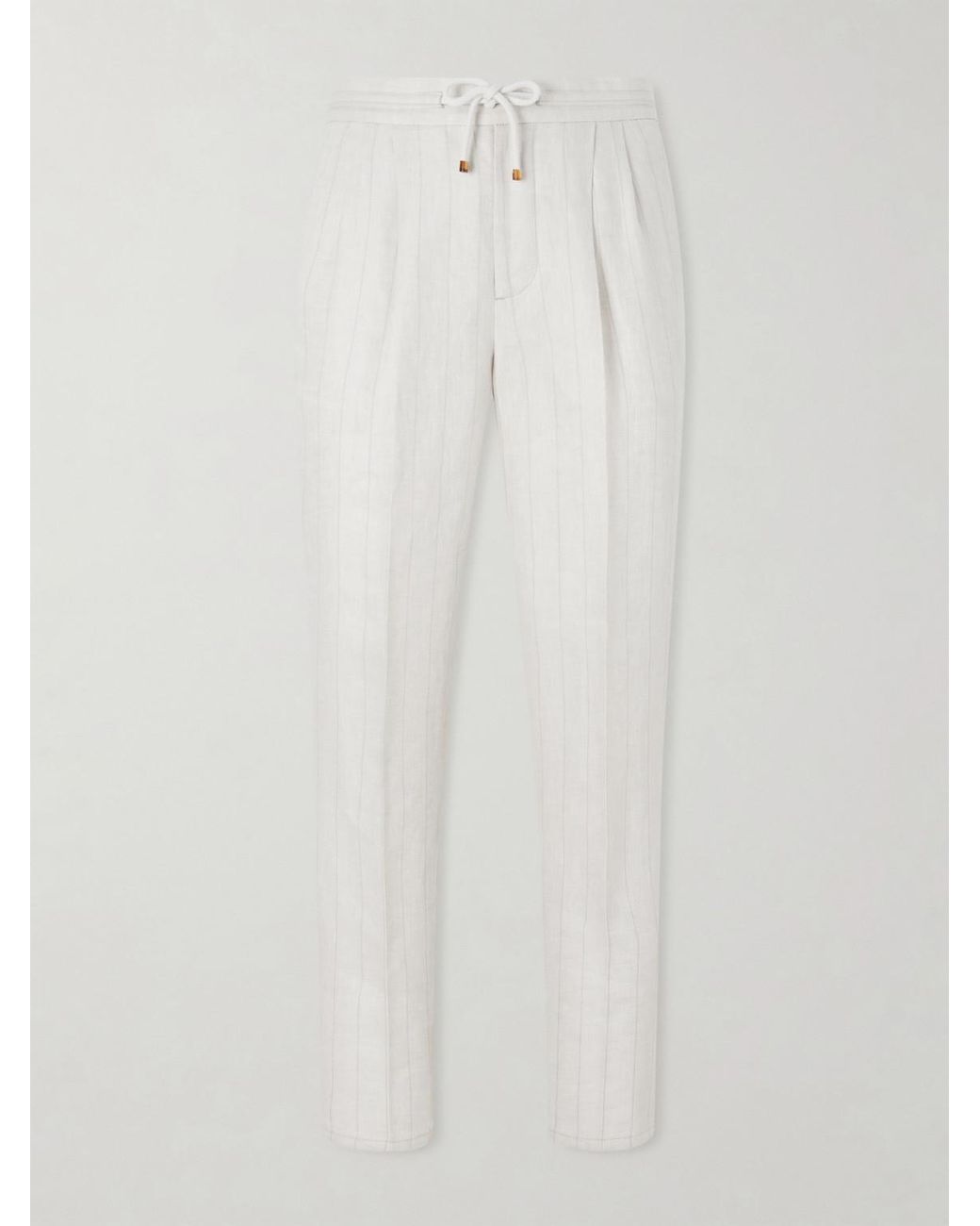 Brunello Cucinelli White Straight-Leg Pinstriped Pleated Linen Trousers for men