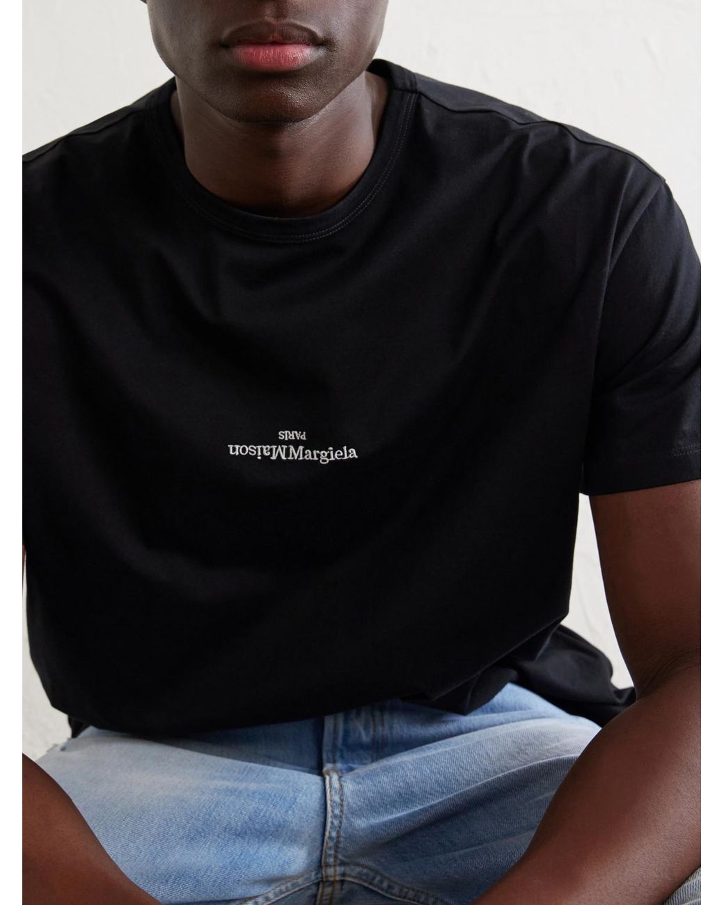 Maison Margiela Blue Logo-Embroidered Cotton-Jersey T-Shirt for men