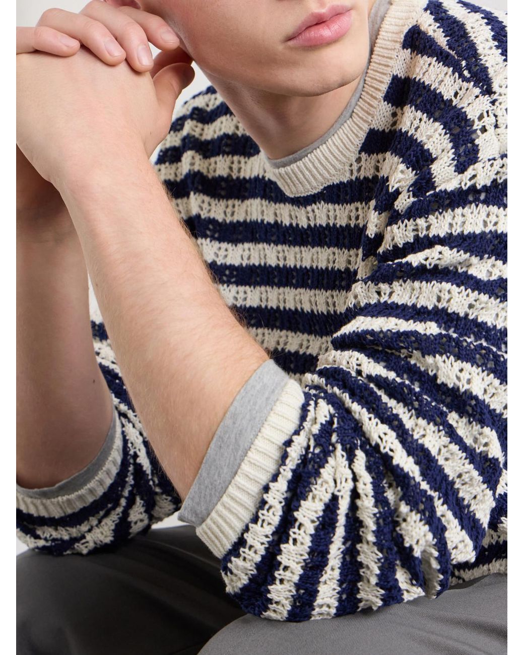 Aimé Leon Dore Blue Eyelet Striped Open-Knit Cotton Sweater for men