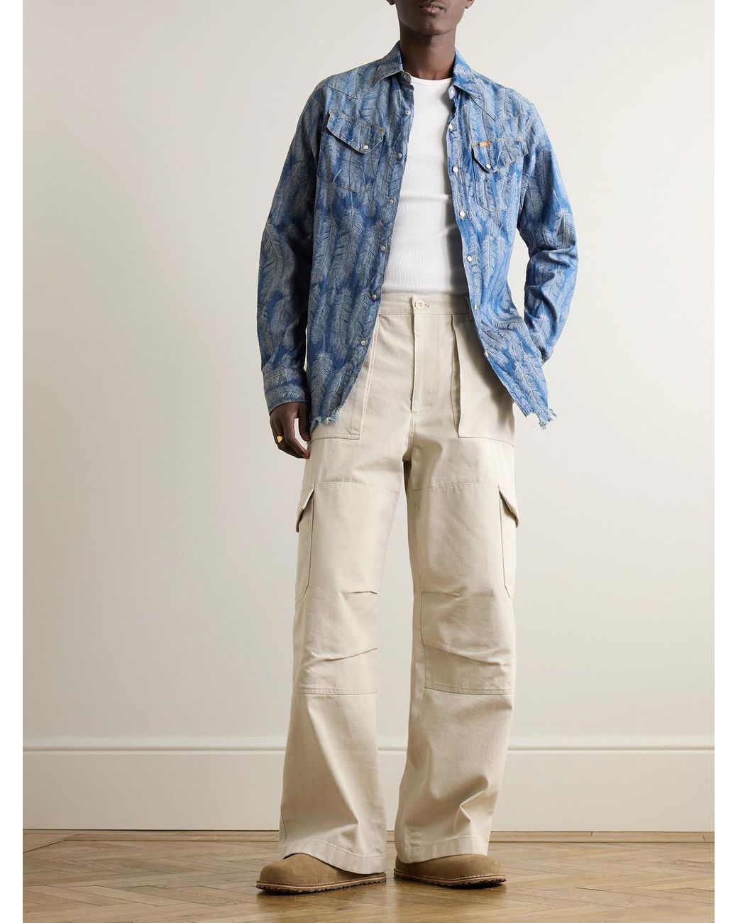 Kapital Blue Magpie Distressed Denim-Jacquard Western Shirt for men